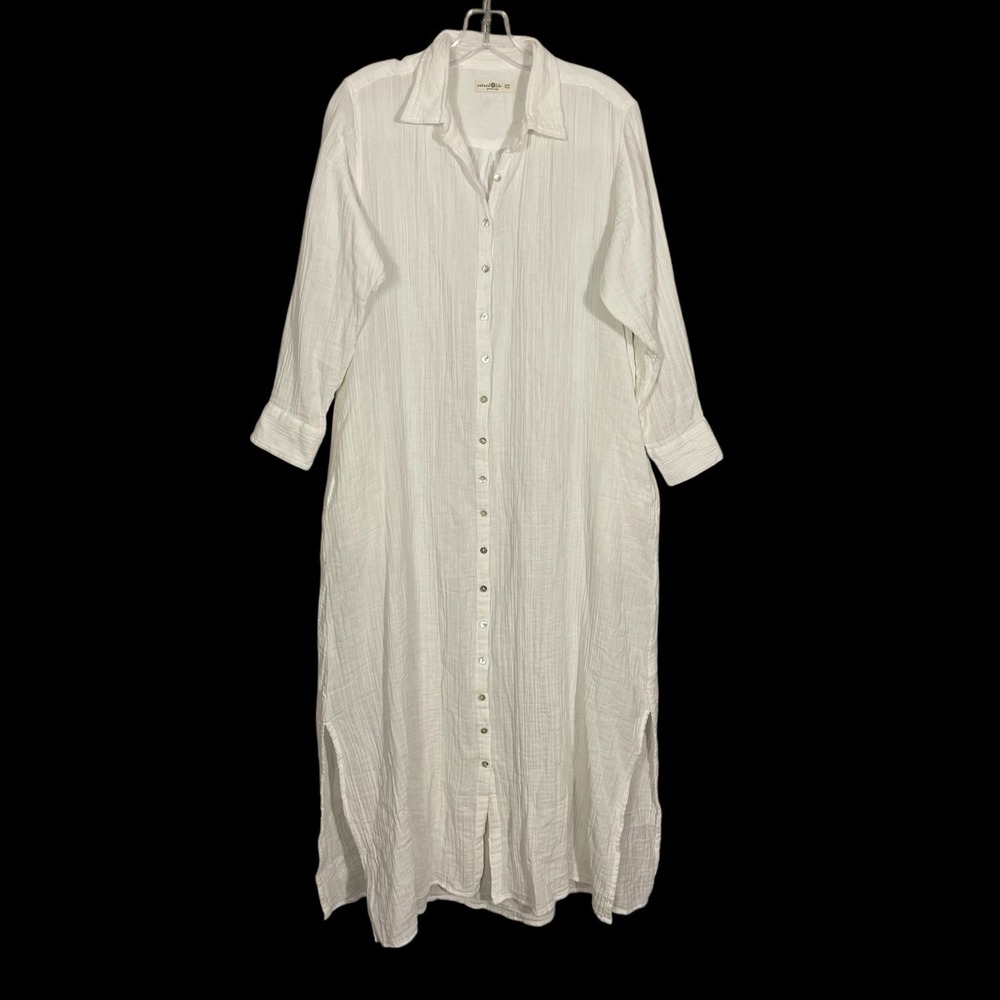 Natural Life White Gauzy Cotton Maxi Shirt Dress Womens XS Long Sleeve Laganlook